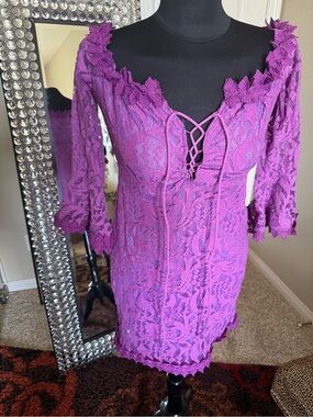 Purple Lace-Up Lace Mini Dress - Women